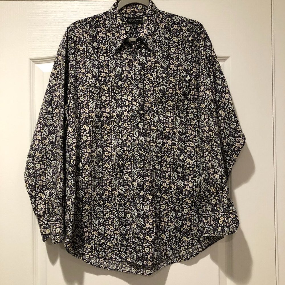 Reunion Mens Floral Printed Dress Button Down 100% Cotton Shirt Size M
